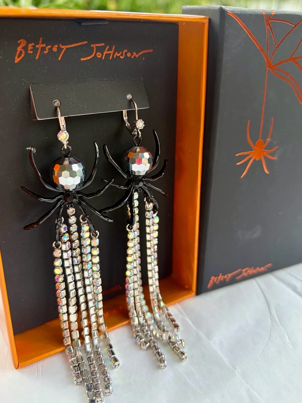 NWT BETSEY JOHNSON Black Spider Earrings with Iridescent Crystal Tassels